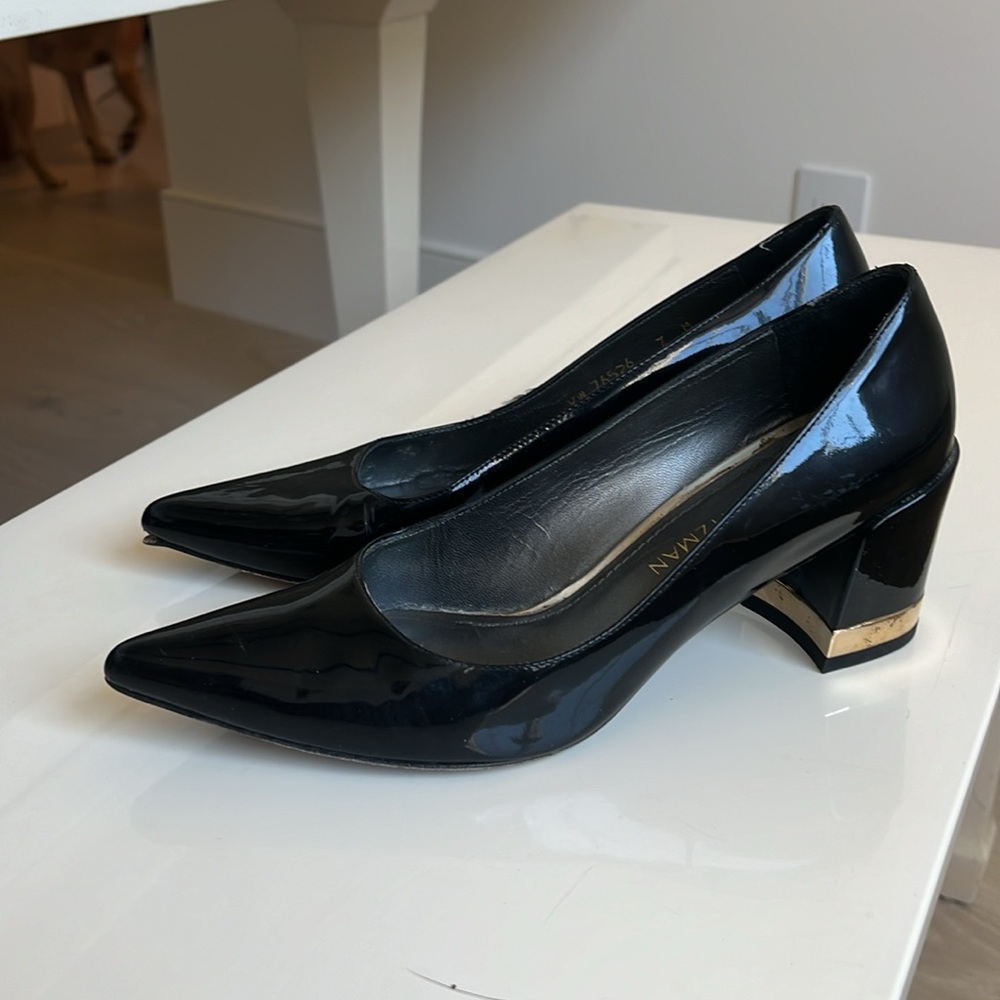Stuart Weitzman Black Patent Leather Pointy Toe Pumps with gold band on heel